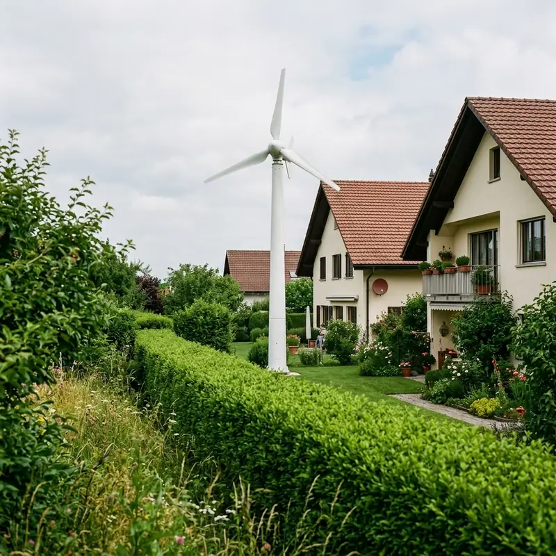 Éolienne domestique visible depuis le jardin voisin dans un quartier résidentiel