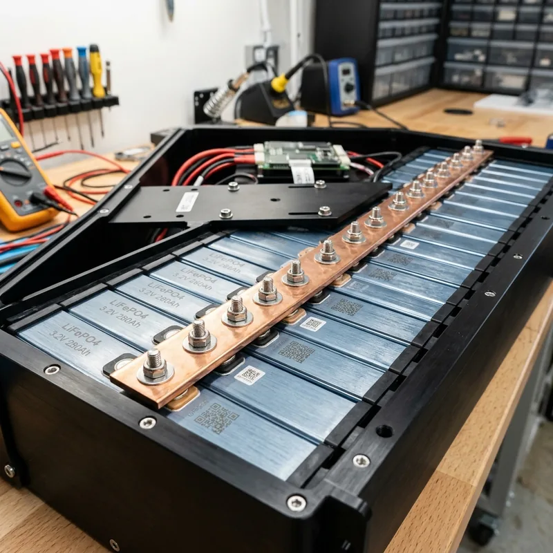 Cellules lithium prismatiques reliées par des barres de cuivre dans un boîtier ouvert