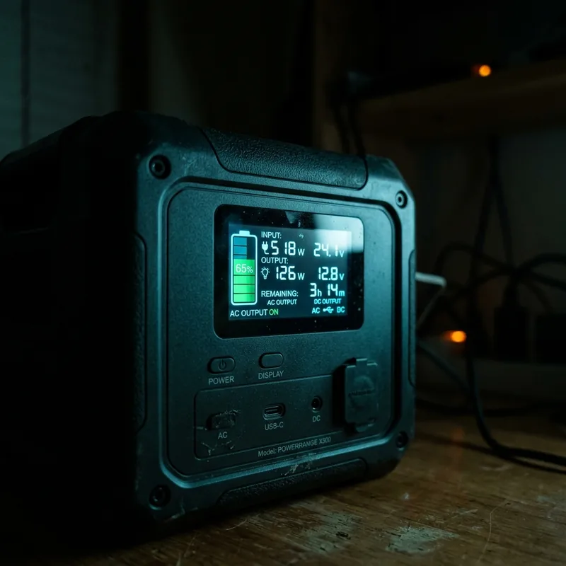 Écran d'une station d'énergie portable affichant l'état de charge dans une pièce sombre