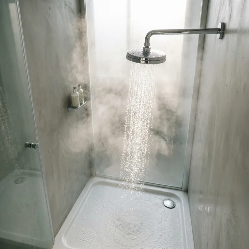 Eau chaude coulant d'une douchette dans une salle de bain lumineuse