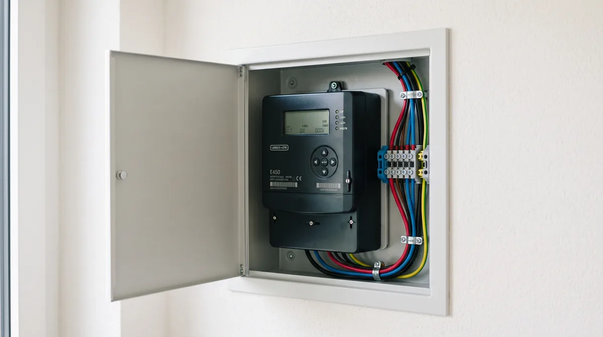 Compteur électrique intelligent à affichage numérique dans le tableau d'une maison suisse