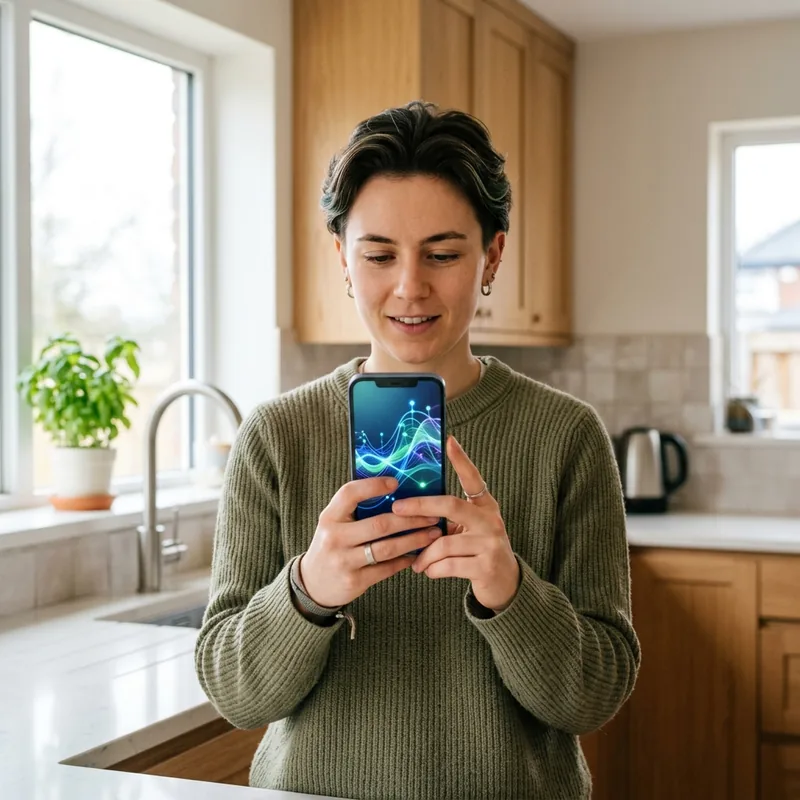 Personne consultant sa courbe de consommation d'électricité sur son smartphone dans une cuisine
