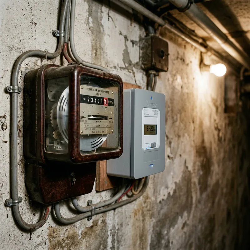 Ancien compteur électrique à disque à côté d'un compteur numérique récent