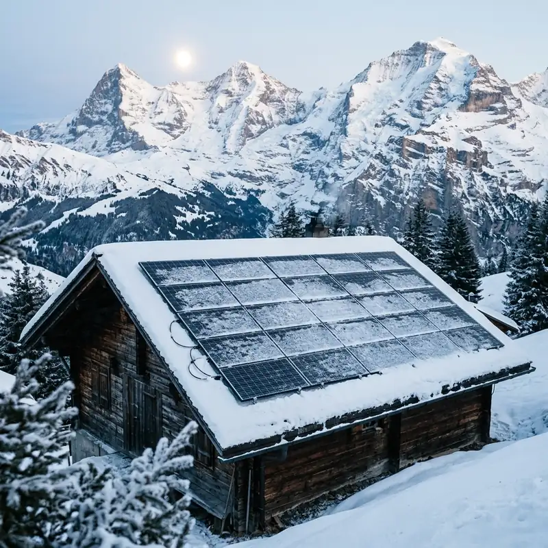 Panneaux photovoltaïques partiellement enneigés sur un toit de chalet en hiver