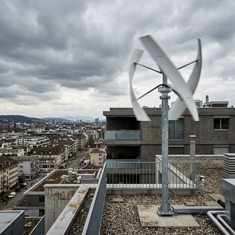 Éolienne hélicoïdale à axe vertical en rotation sur le toit plat d'un immeuble