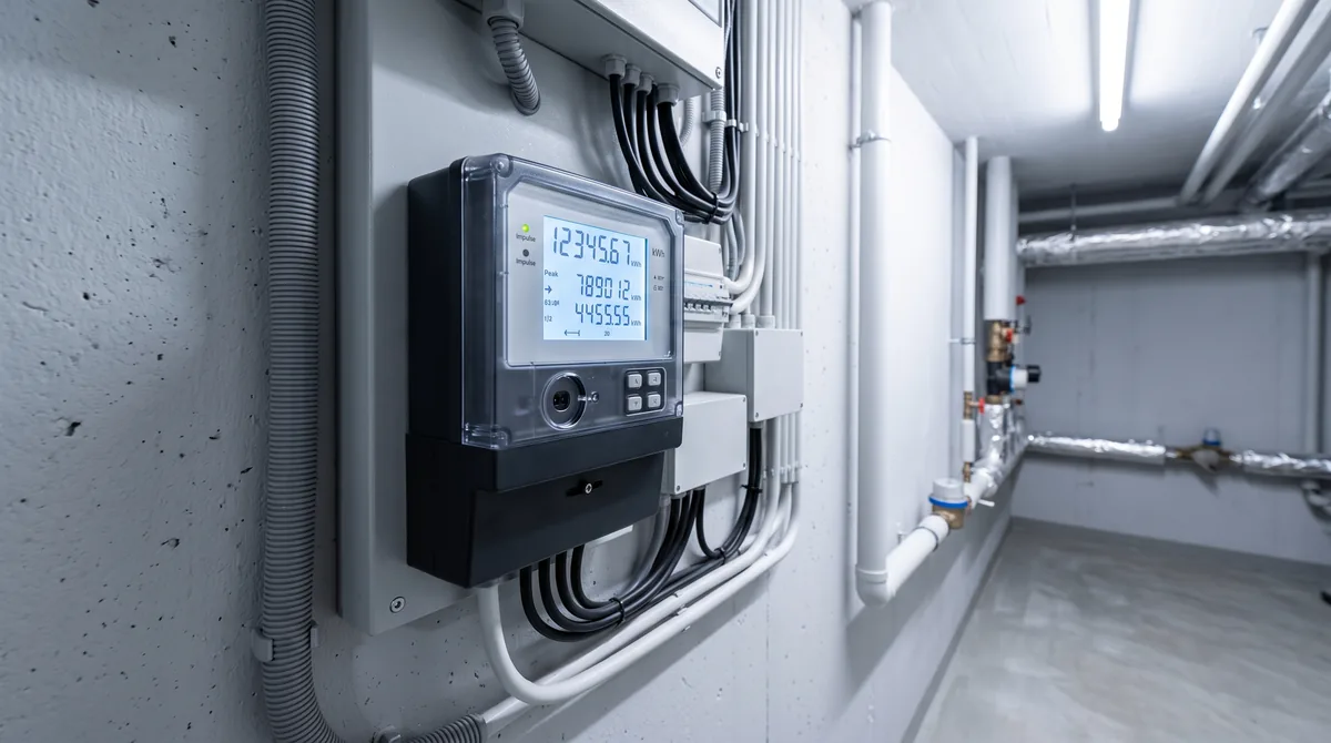 Compteur électrique double tarif dans le local technique d'un immeuble suisse