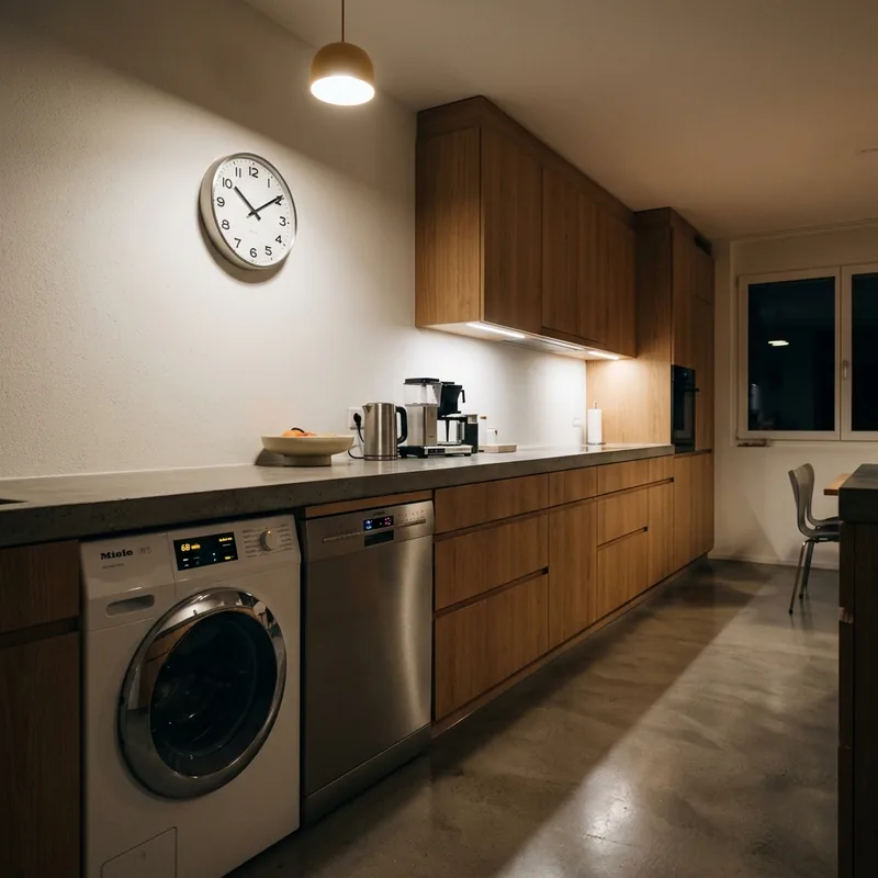 Lave-linge et lave-vaisselle en fonctionnement le soir dans une cuisine suisse