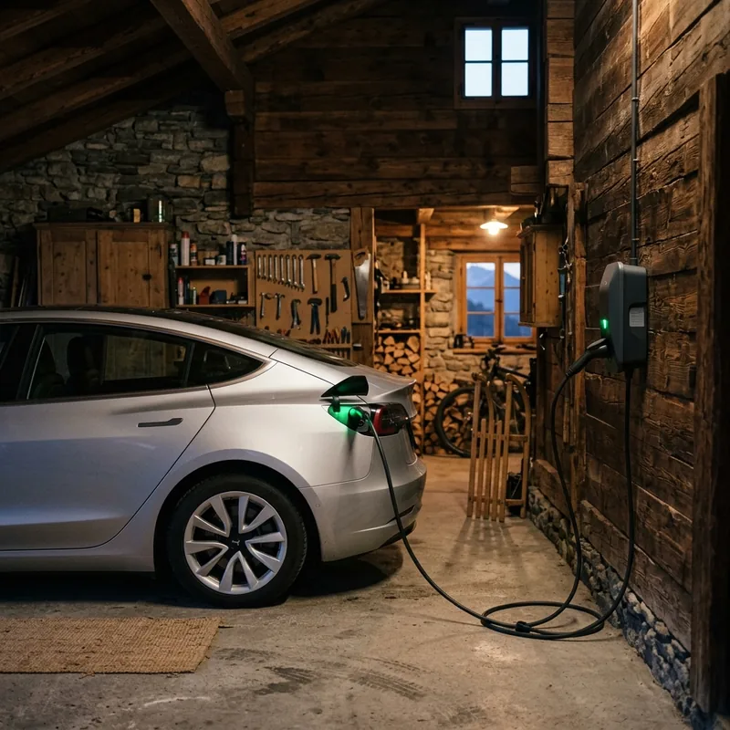 Voiture électrique en charge nocturne dans le garage d'une maison suisse