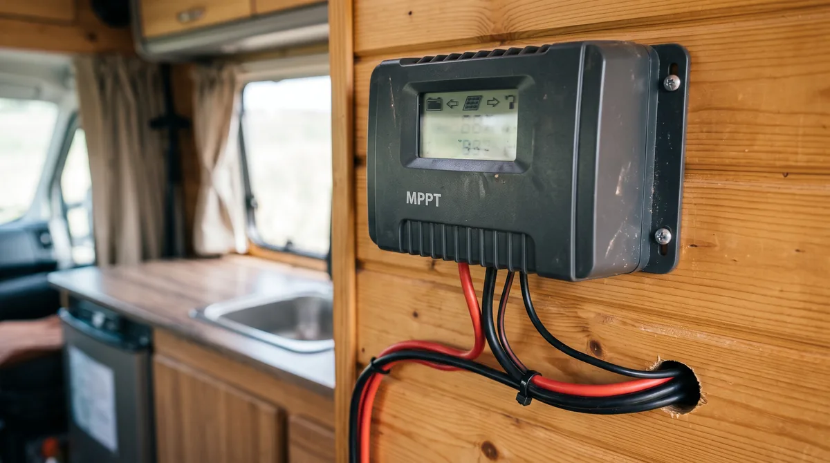 Régulateur de charge solaire MPPT installé sur la paroi d'un van aménagé