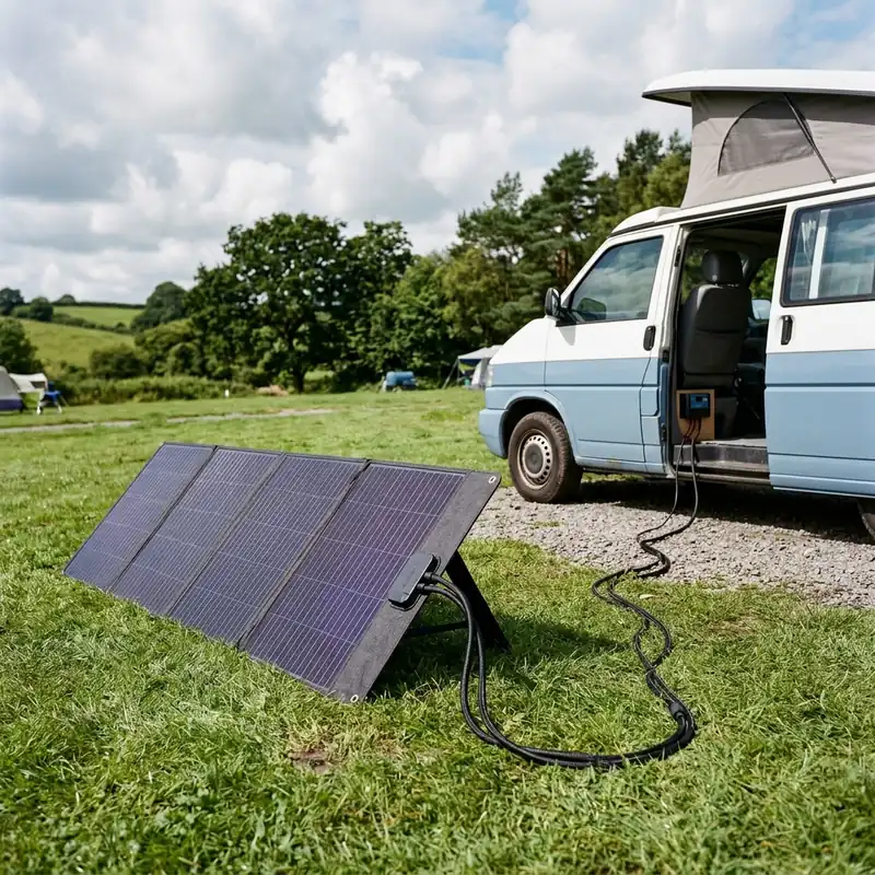 Panneau solaire portable déplié à côté d'un van sous un ciel partiellement nuageux