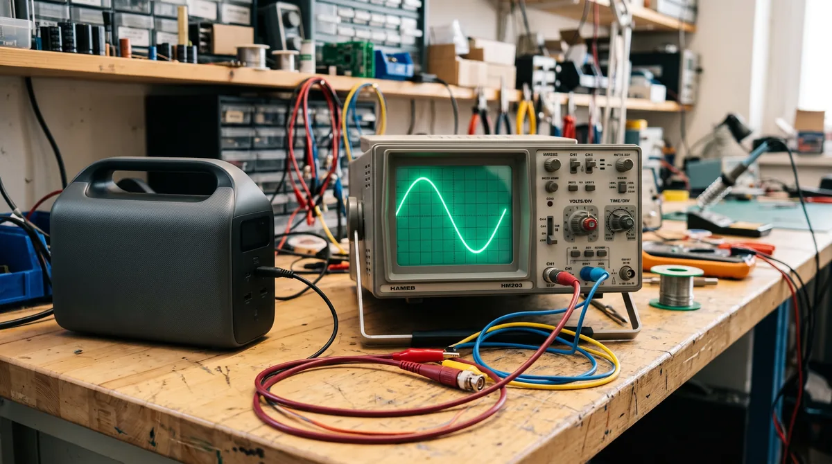 Oscilloscope affichant une onde sinusoïdale pure à côté d'une station d'énergie portable
