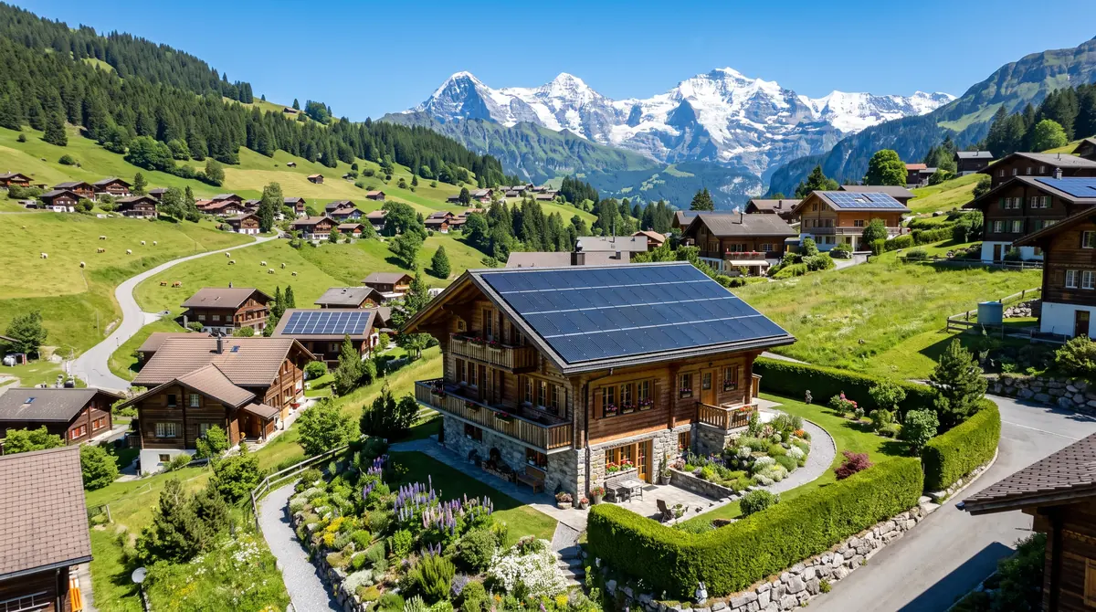 Vue aérienne d'une maison suisse avec des panneaux solaires sur son toit orienté au sud