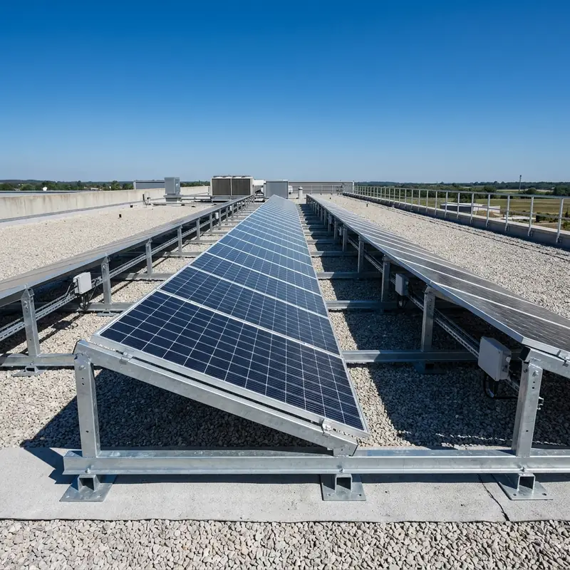 Panneaux solaires montés sur supports inclinés espacés sur une toiture plate