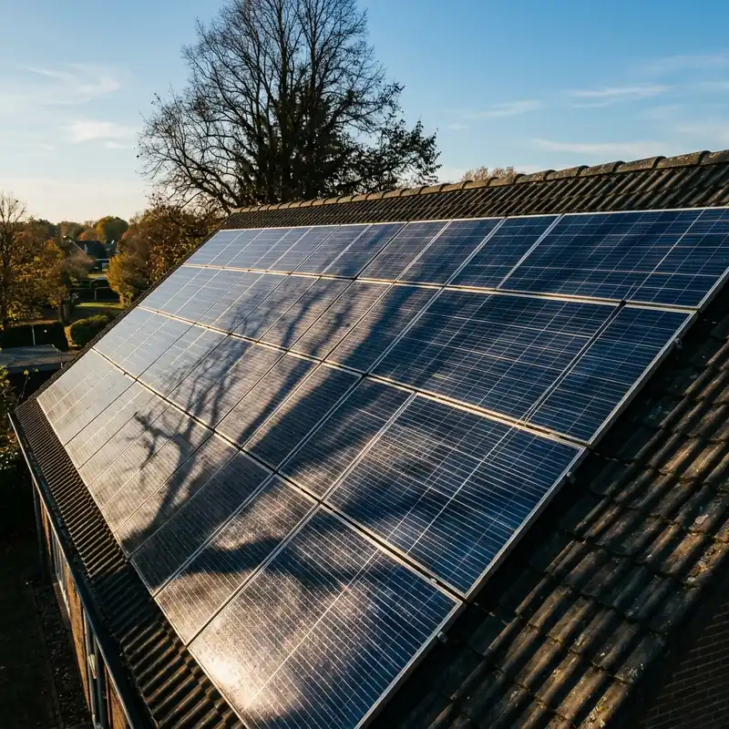 Ombre d'un arbre projetée sur une partie d'un champ de panneaux solaires en toiture