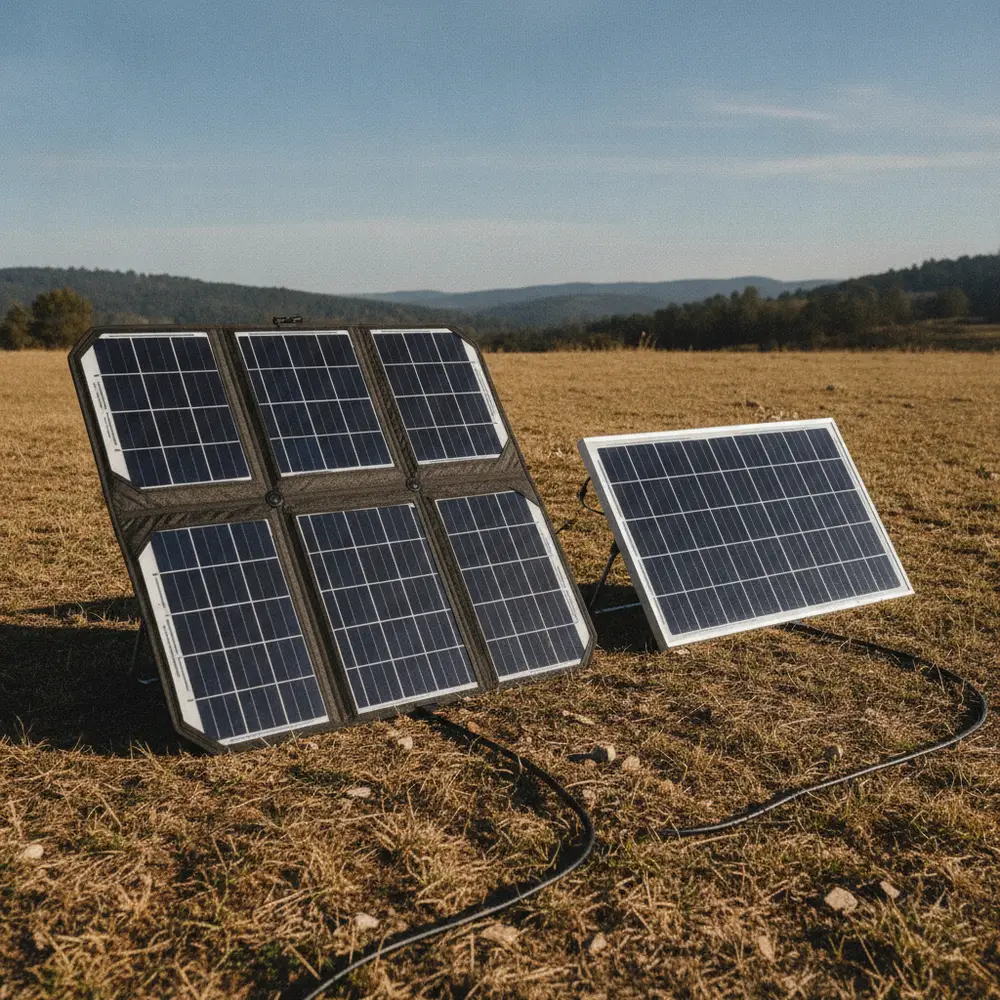 Panneau solaire pliable déployé à côté d'un panneau rigide en extérieur