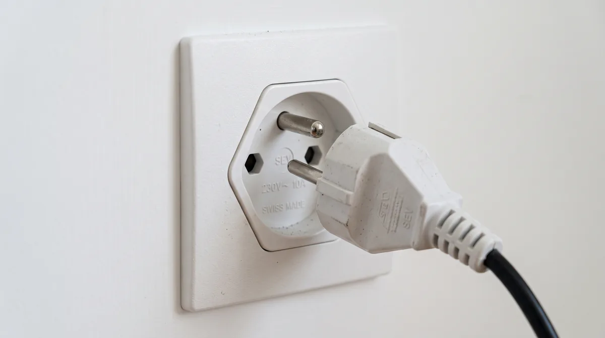 Prise électrique suisse à trois pôles encastrée dans un mur blanc