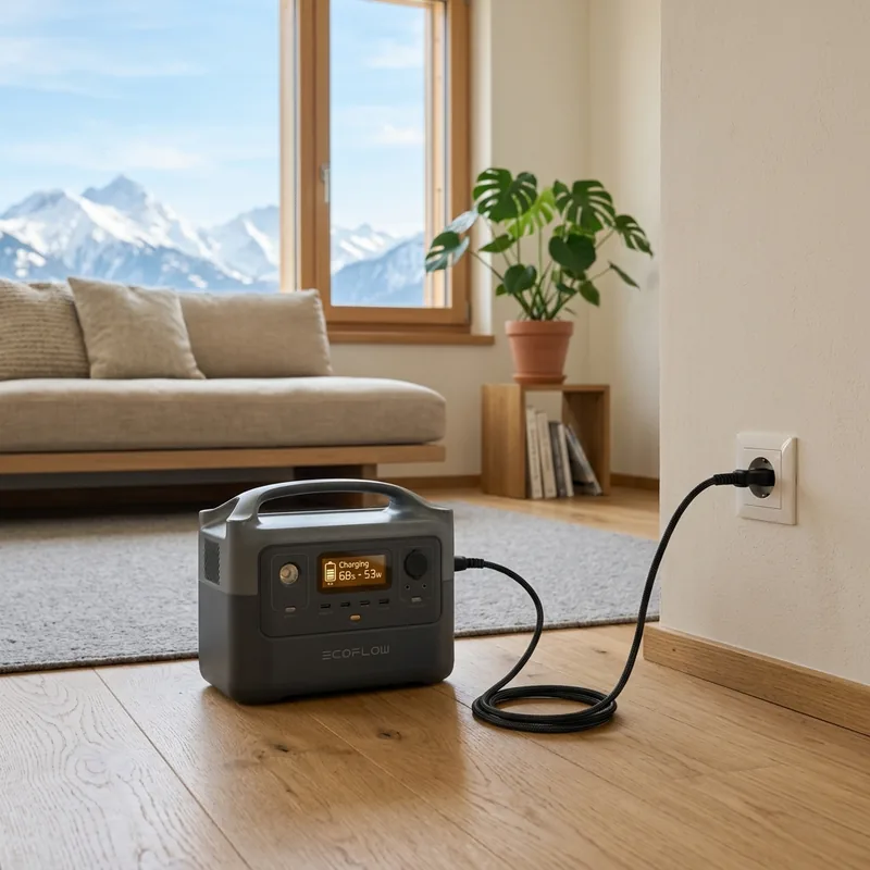 Station d'énergie portable en charge sur une prise murale dans un salon suisse