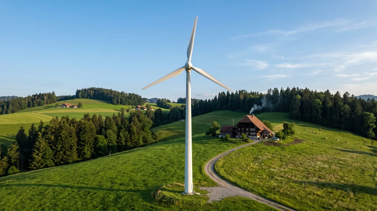 Éolienne domestique sur mât dans une exploitation agricole suisse