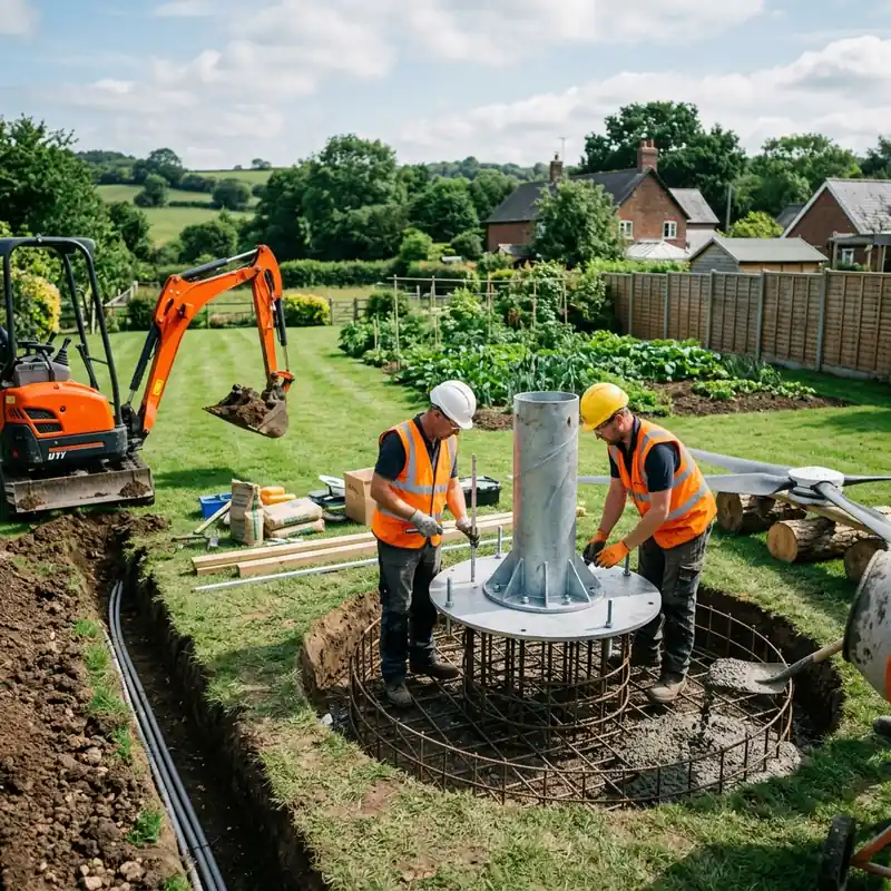 Fondation béton et massif d'ancrage en cours de réalisation pour un mât d'éolienne