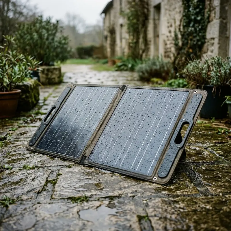 Panneau solaire portable déplié sur une terrasse mouillée sous une pluie fine
