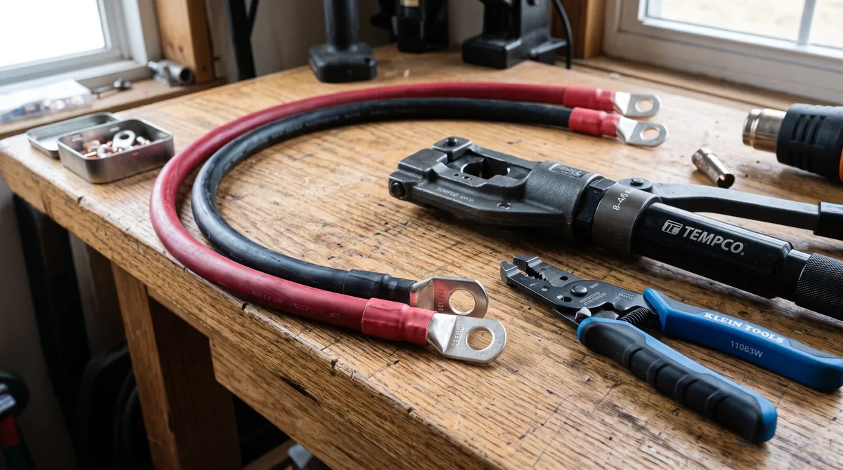 Câbles de batterie rouge et noir avec cosses serties posés sur un établi avec une pince à sertir