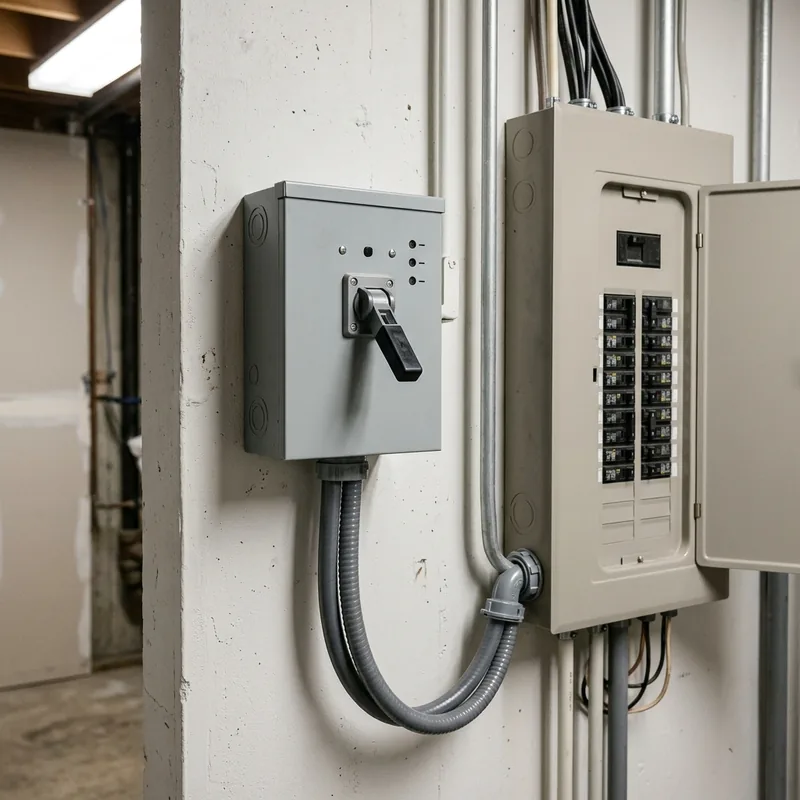 Inverseur de source installé à côté du tableau électrique avec son câble de raccordement